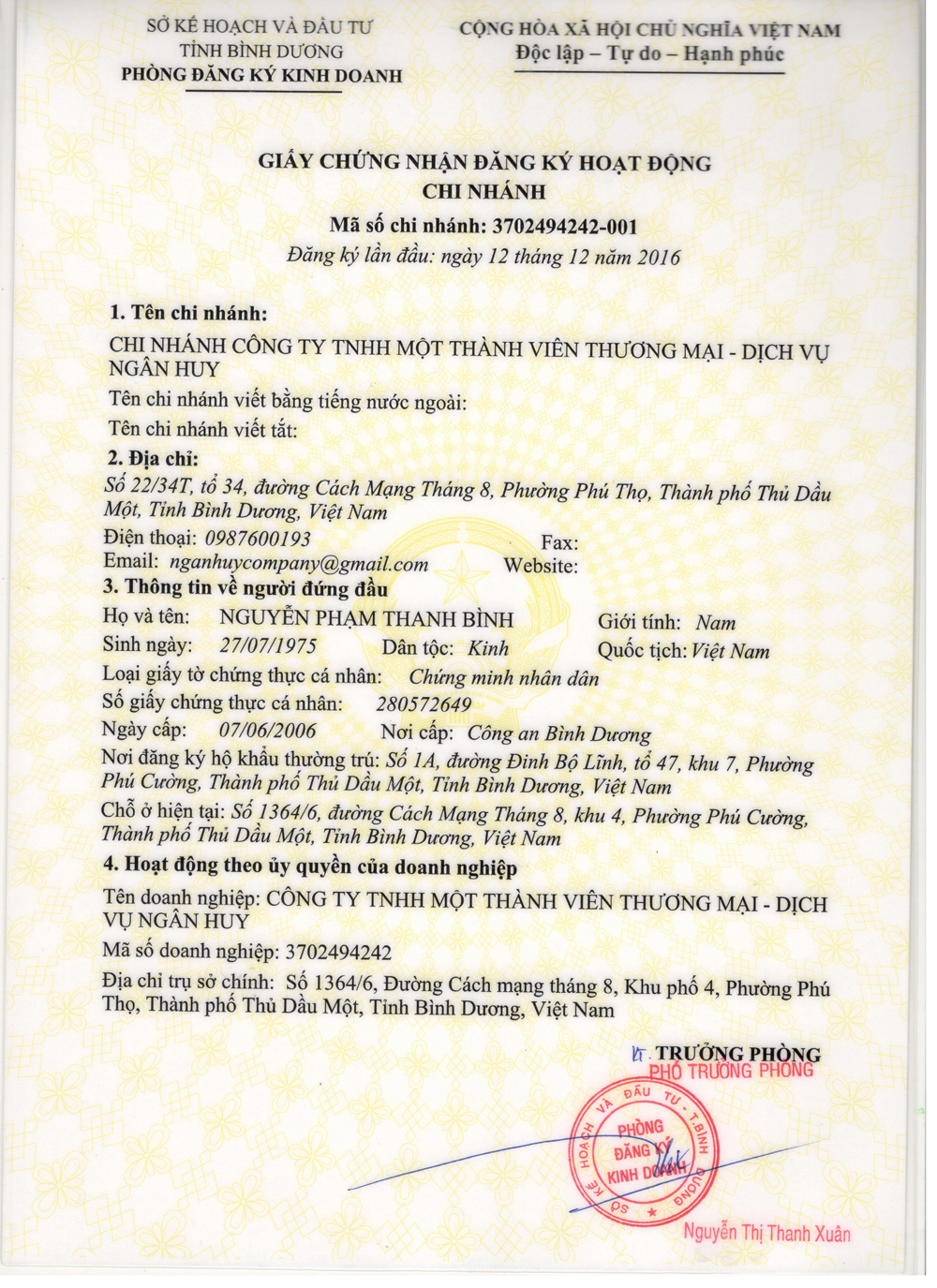 Giấy phép thành lập doanh nghiệp Ngân Huy